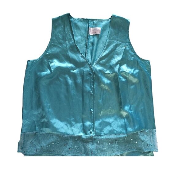 VTG 80s Turquoise Satin Sleeveless Top And Shorts Pajama Set Size 1X *Med/ Lrg - Picture 7 of 15